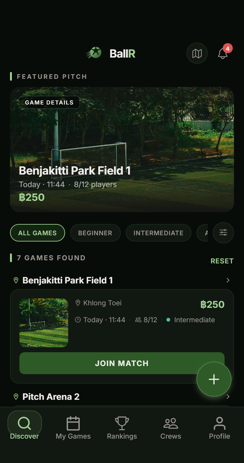 BallR football discovery with venue, time, available places and Join Match